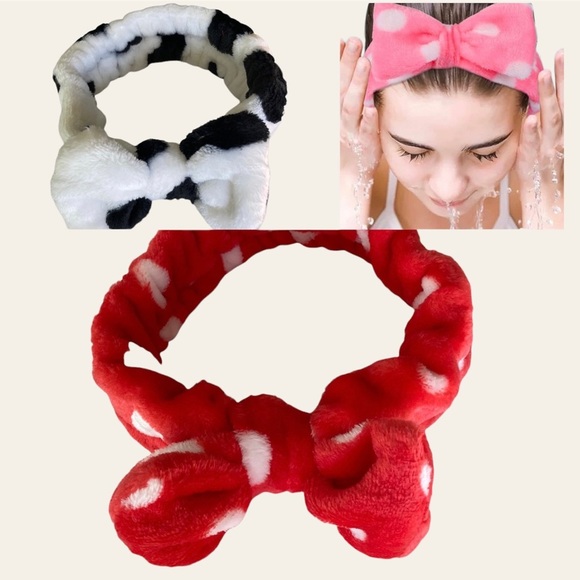 SET 2 Pcs SPA HEADBAND with Bow Red and White Polka Dot Women’s -Girls Hairband - Picture 1 of 11